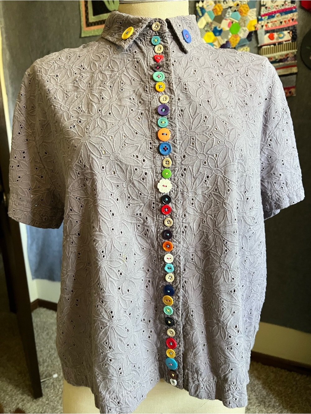 Grey Eyelet Rainbow Buttons Shirt 🌈